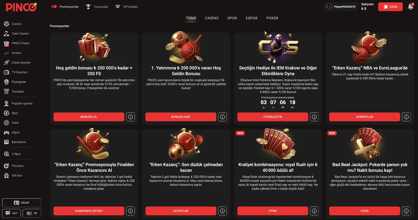 Pinco Casino bonusları ve promosyonları